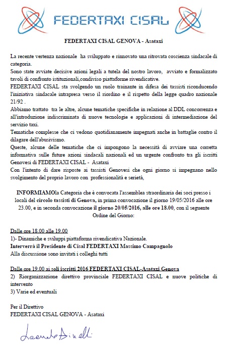Federtaxi Genova Convocazione 20-5-16